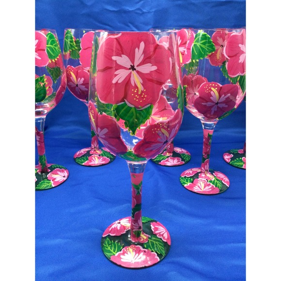 Lolita Hibiscus collection hand painted wine glasses 6